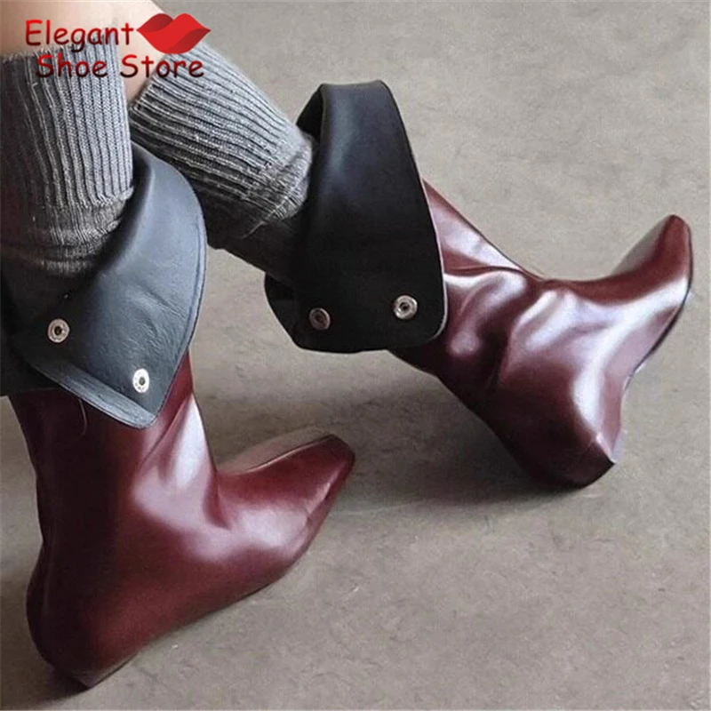 Spring Autumn New Square Toe Wedge Mid-Calf Boots Fashion Retro Soft Leather Folding Short Boots Simple Versatile Women's Shoes