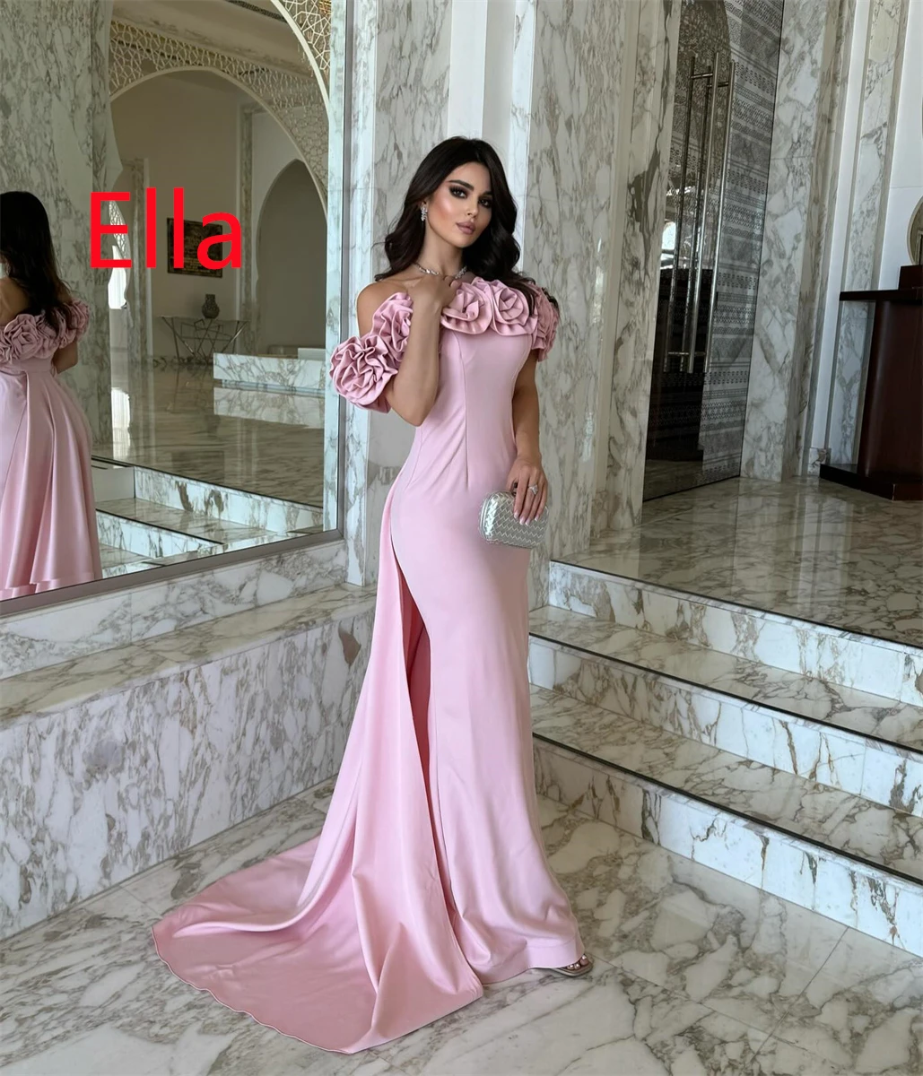 

Customized Delicate Pink Jersey Evening Dress Exquisite Strapless Off the Shoulder Sleeveless Zipper Back Flowers Cocktail Dress