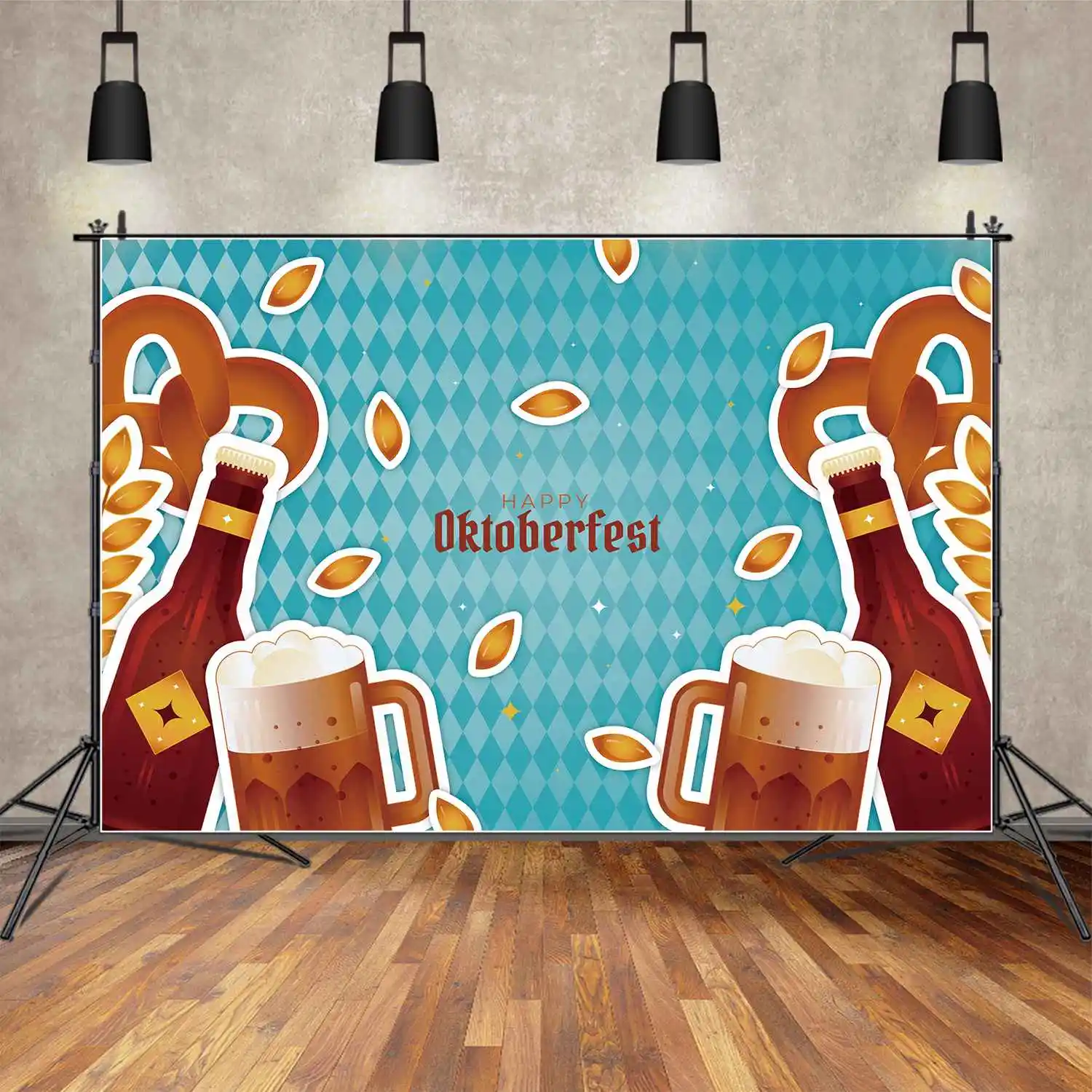 MOON.QG Backdrop Theresienwiese Oktoberfest Party Beer Festival Banner Photo Background Blue Check Wall Bottle Glass Decorations