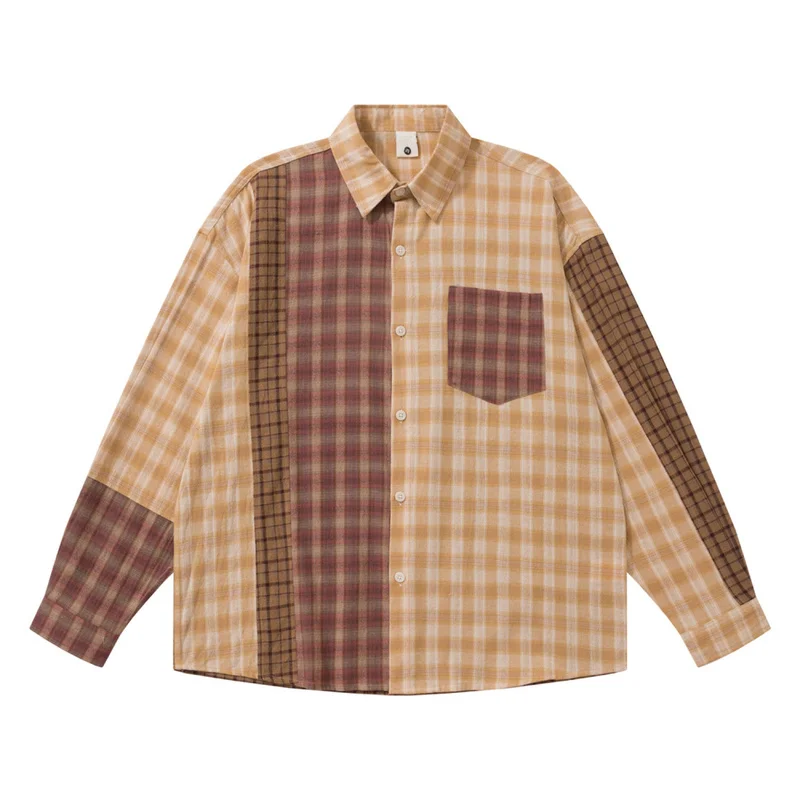 QICHE Unisex American Retro Long-Sleeve Shirt, Multi-Color Plaid with Contrasting Color Splicing, Turn-Down Collar, Loose Casual