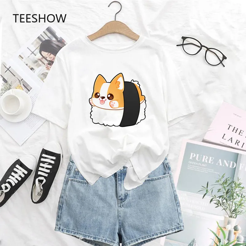 Nieuwe Zomer Sushi Corgi T-shirt Vrouwen Ulzzang Grappige Cartoon Corgi Grafische T-shirts Vrouwen Wit T-shirt Print Unisex leuke T-shirt