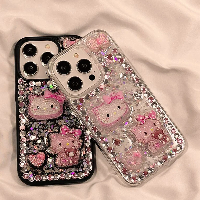 Kawaii Sanrio Anime Mobile Phone Shell Cute Hello Kitty Cartoon Stereoscopic Full Diamond All Inclusive Phone Case Gift for Girl