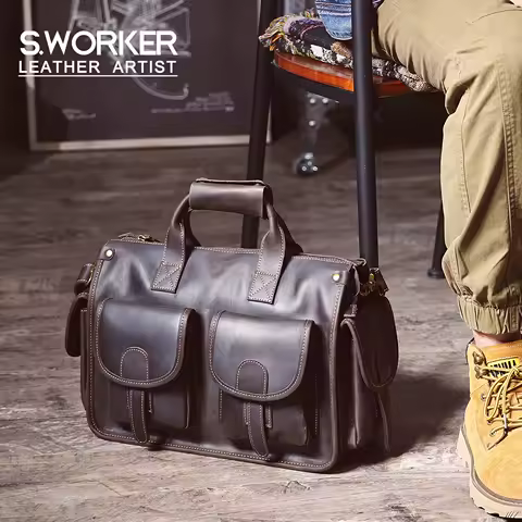 S.WORKER Vintage Genuine Leather Men's Briefcase 14" Laptop Bags Crazy Horse Leather Messenger Handbag Cowhide Idea Gift For Men
