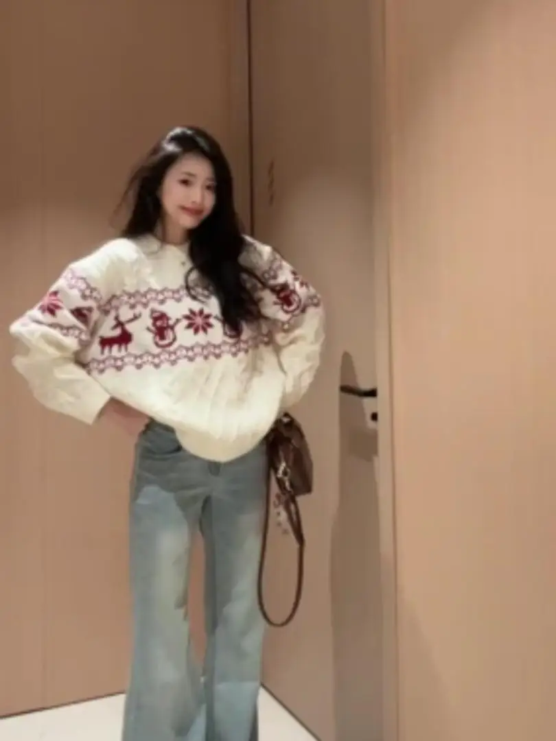 Cisas Aosphere Fair Isle round Ne Maglione da donna sciolto Thi Lazy lavorato a maglia irt Retro Top caldo soffice lungo Sve