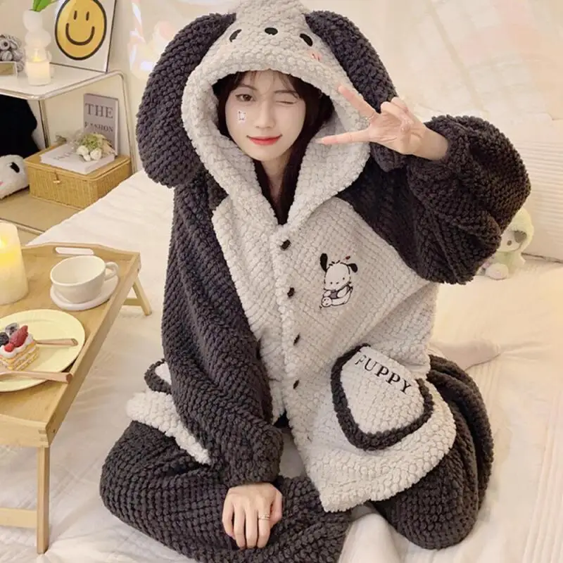 Anime Cinnamoroll Coral polar grueso traje de casa Kawaii Pochacco mujeres pijamas cálidos de felpa conjunto de camisón lindo de dibujos animados para niñas
