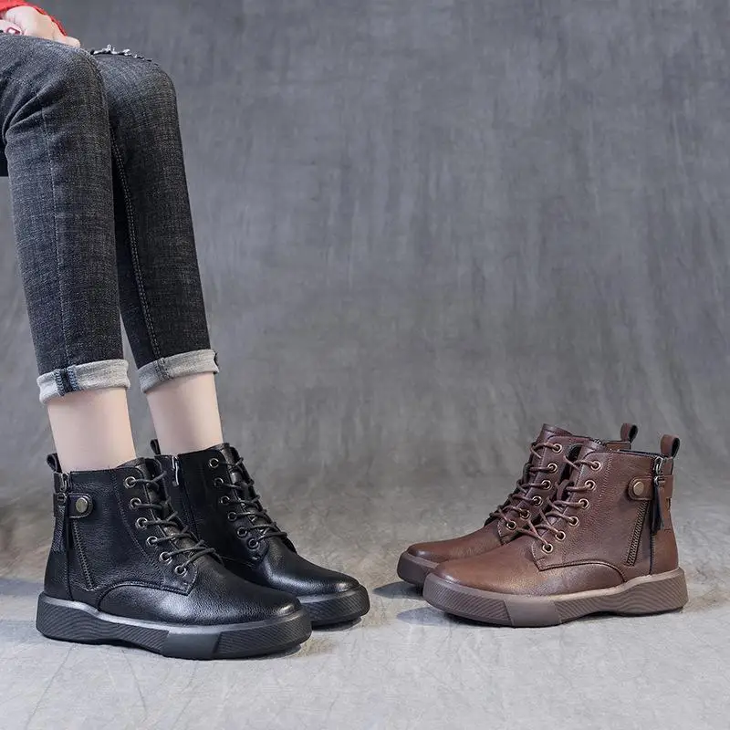 

Genuine Leather Boots Women's Flat Heel Soft Bottom Short Boots British Style Large Size Versatile Spring Autumn
