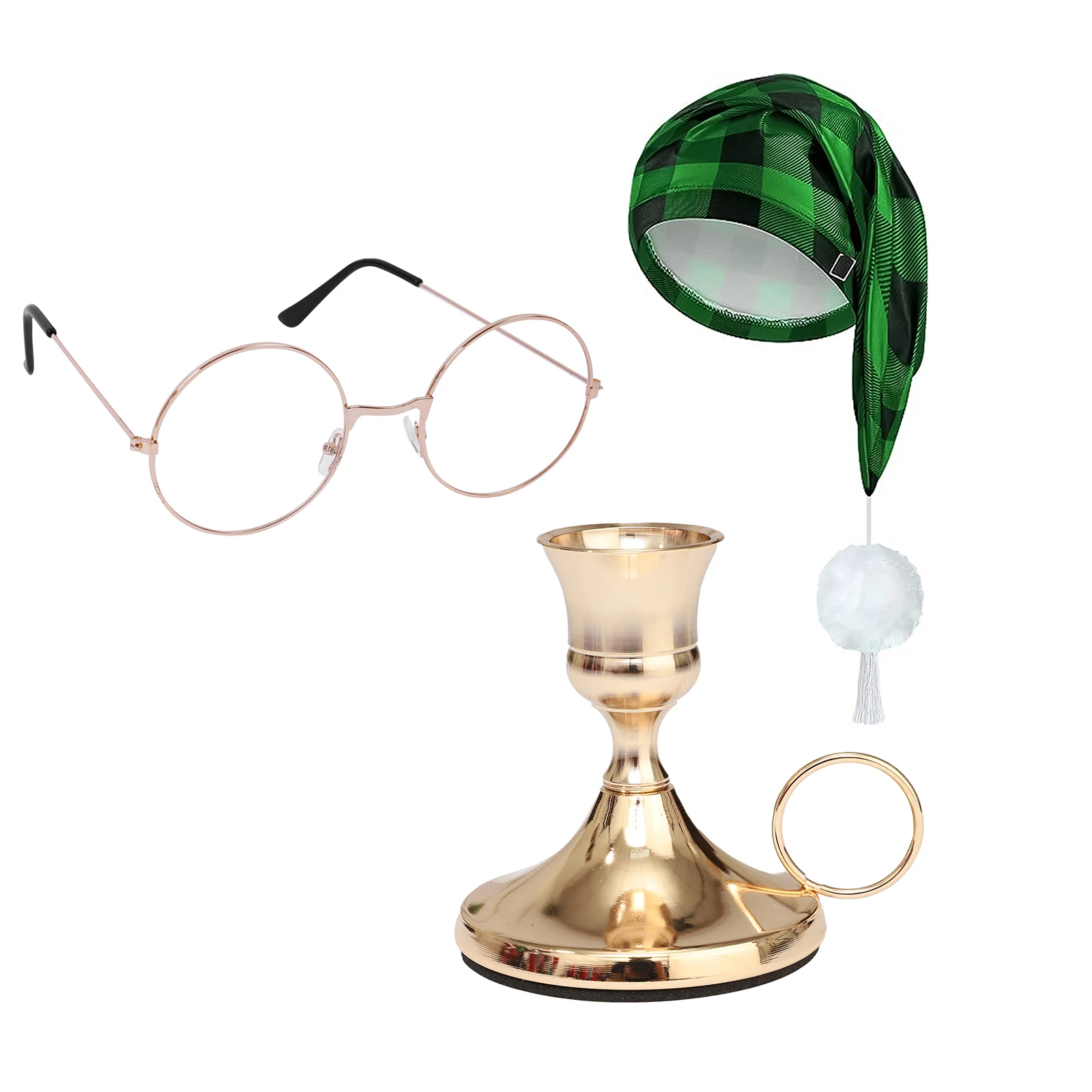 Chapéu de noite xadrez para festival masculino, chapéu com suporte de vela cônico de metal dourado e óculos planos de papai noel para o natal