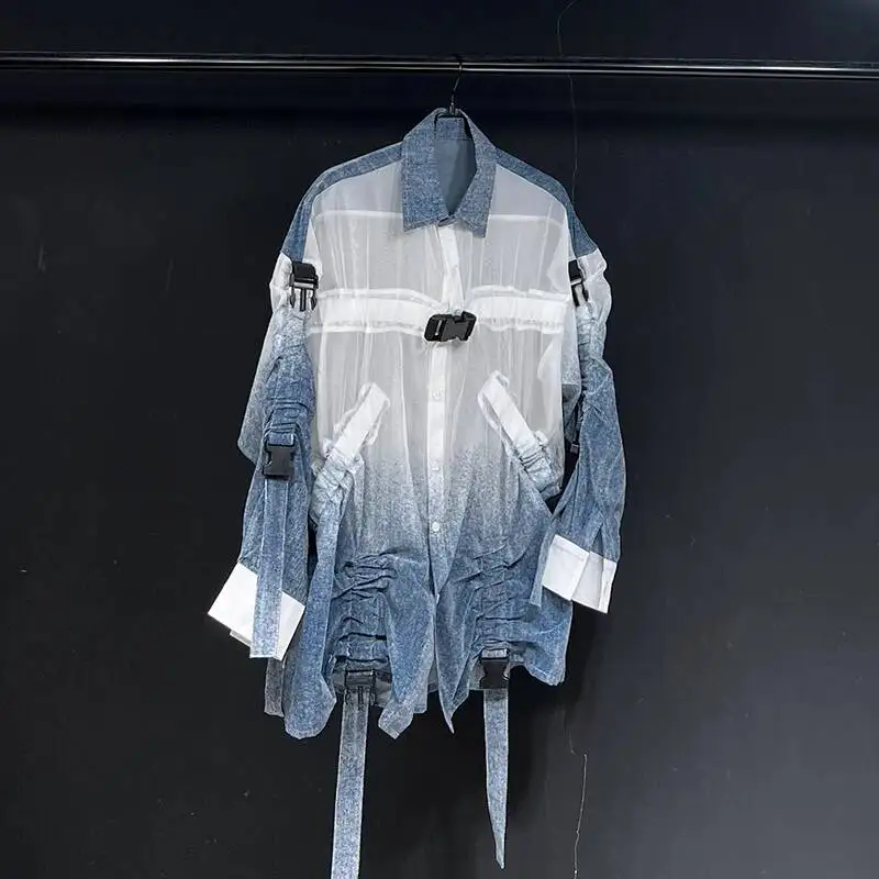 High Street Men Shirt Summer New Denim Tie Dye Loose Casual Long Sleeved Single-breasted Tops Niche Design Clothes SDWE4