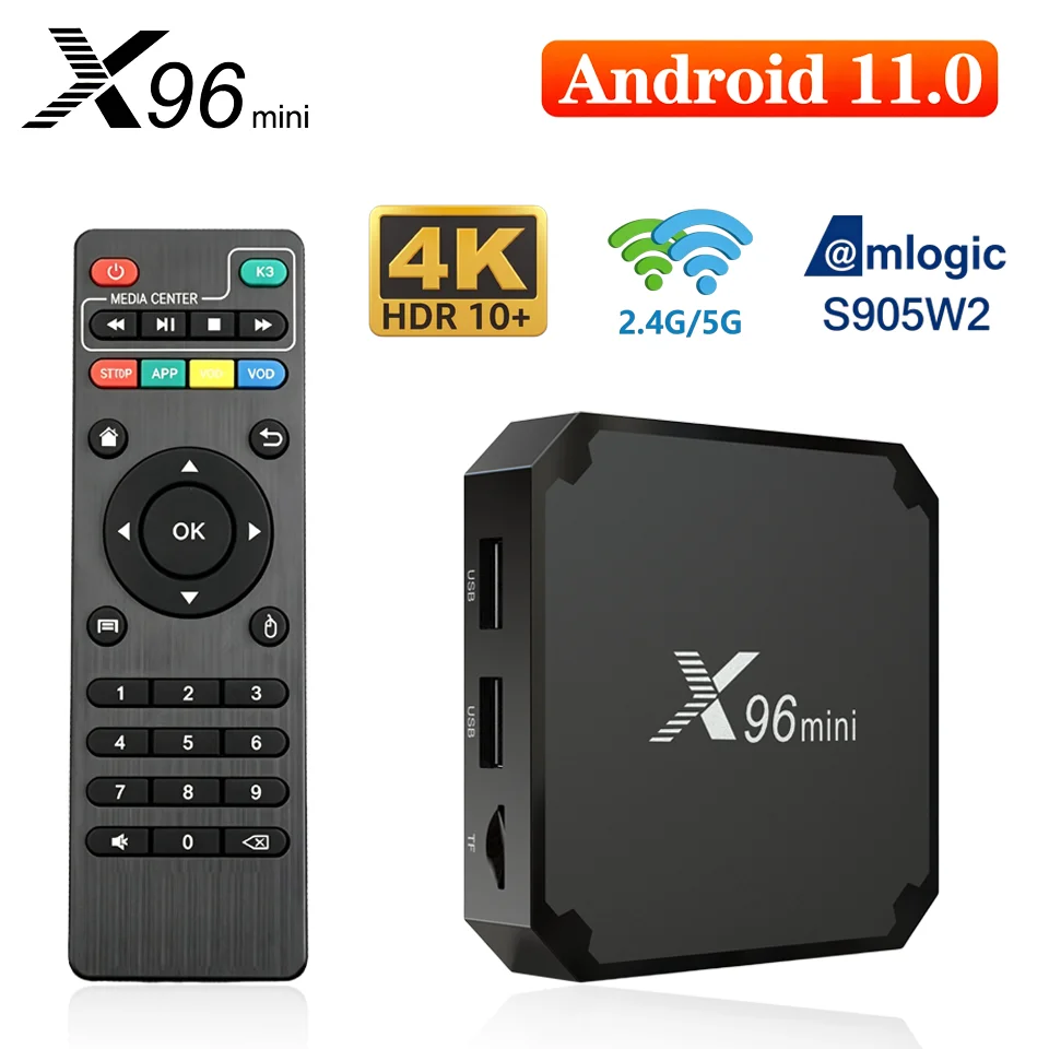 X96 mini caja de TV Amlogic S905W2 Android 11 4K UHD 2.4G / 5G WiFi 1GB + 8GB / 2GB + 16GB Reproductor multimedia inteligente multilingüe