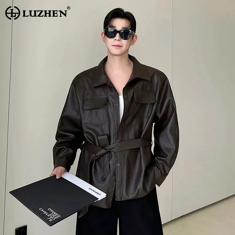 

LUZHEN лента, сплошной цвет, 2025 г., с завязками на талии, новое элегантное пальто-ветровка с карманами, мужская модная кожаная куртка JY5780