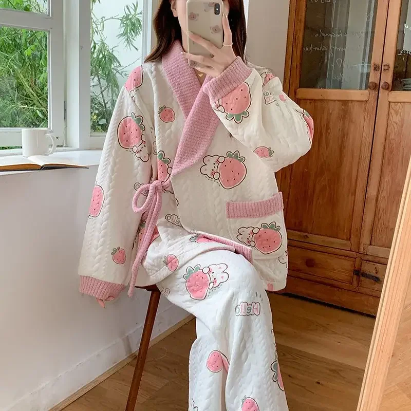 Spring / Autumn New Cute Cartoon Pajamas Women Air Clip Cotton V-neck Long Sleeve Small Fragrance High Appearance Level Clothes