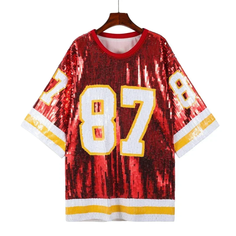 

Женская футболка с коротким рукавом и круглым вырезом, с принтом букв и пайетками, красная, средней длины, единый размер, коллекция 2026 года