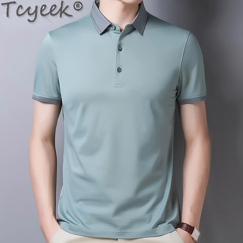 

Tcyeek 5% Mulberry Silk+45.5% Cotton T-shirt Men Thin Style Mens T-shirts Short Sleeve Top Summer Clothes 2024 Polo Male Shirt