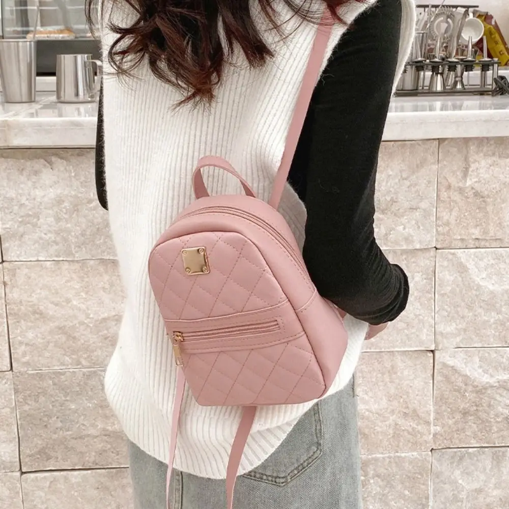 Lingge Embroidery Mini Small Backpack PU Leather Zipper Women Shoulder Bag Solid Color Large Capacity Travel Rucksack