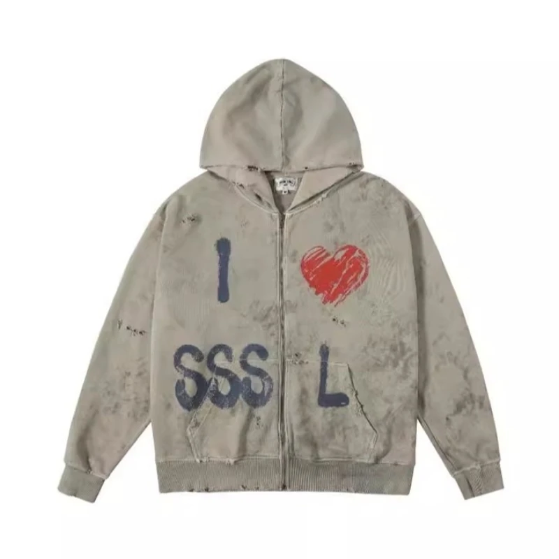 SSSAINT LOUIS Doodle-style heart distressed denim long-sleeved zipper hoodie with hood casual coat trendy