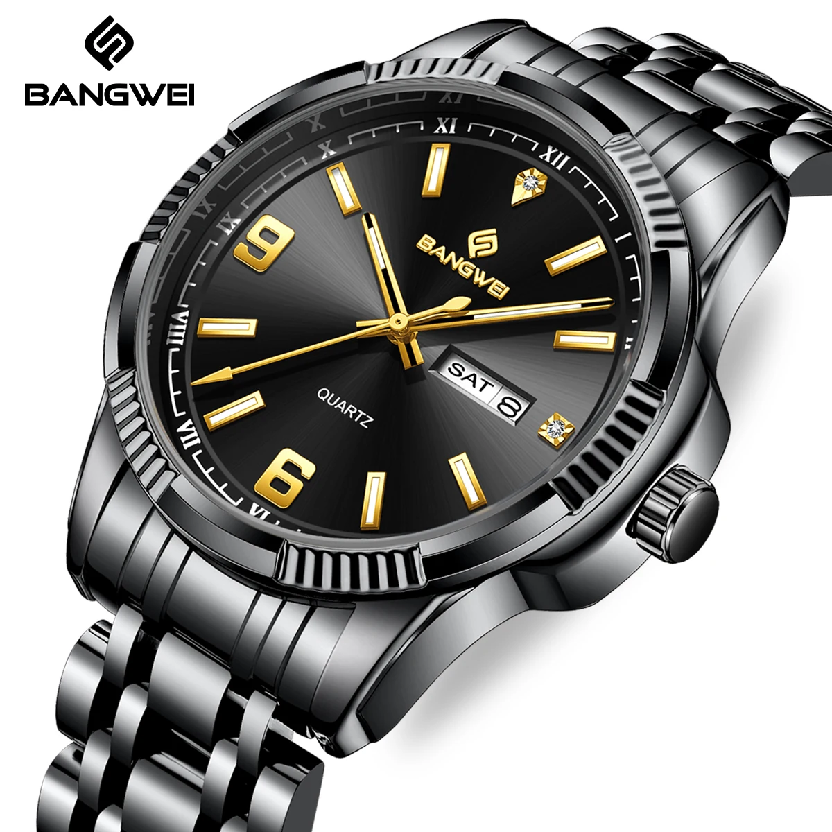 BANGWEI Business Herrenuhr mit Datum und Wochentag, Wasserdicht, Leuchtend, Luxuriöse Armbanduhr, Sportliche Edelstahl Quarz-Uhr für Männer