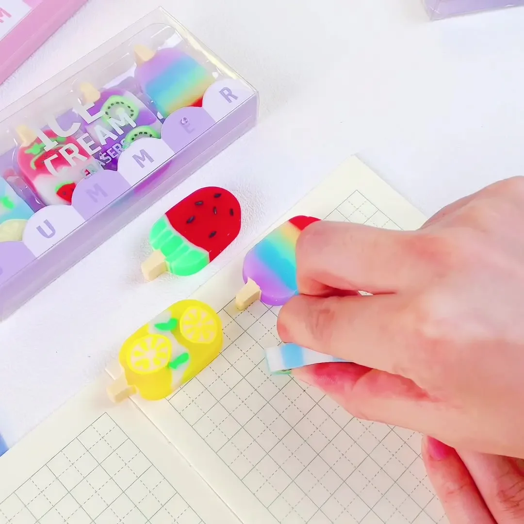 4 pcs/ Set 1-2 Set Lytwtw\'s Cartoon Cute Kawaii Ice Cream Rubber Mini Eraser Novelty Stationery Office School Supplies