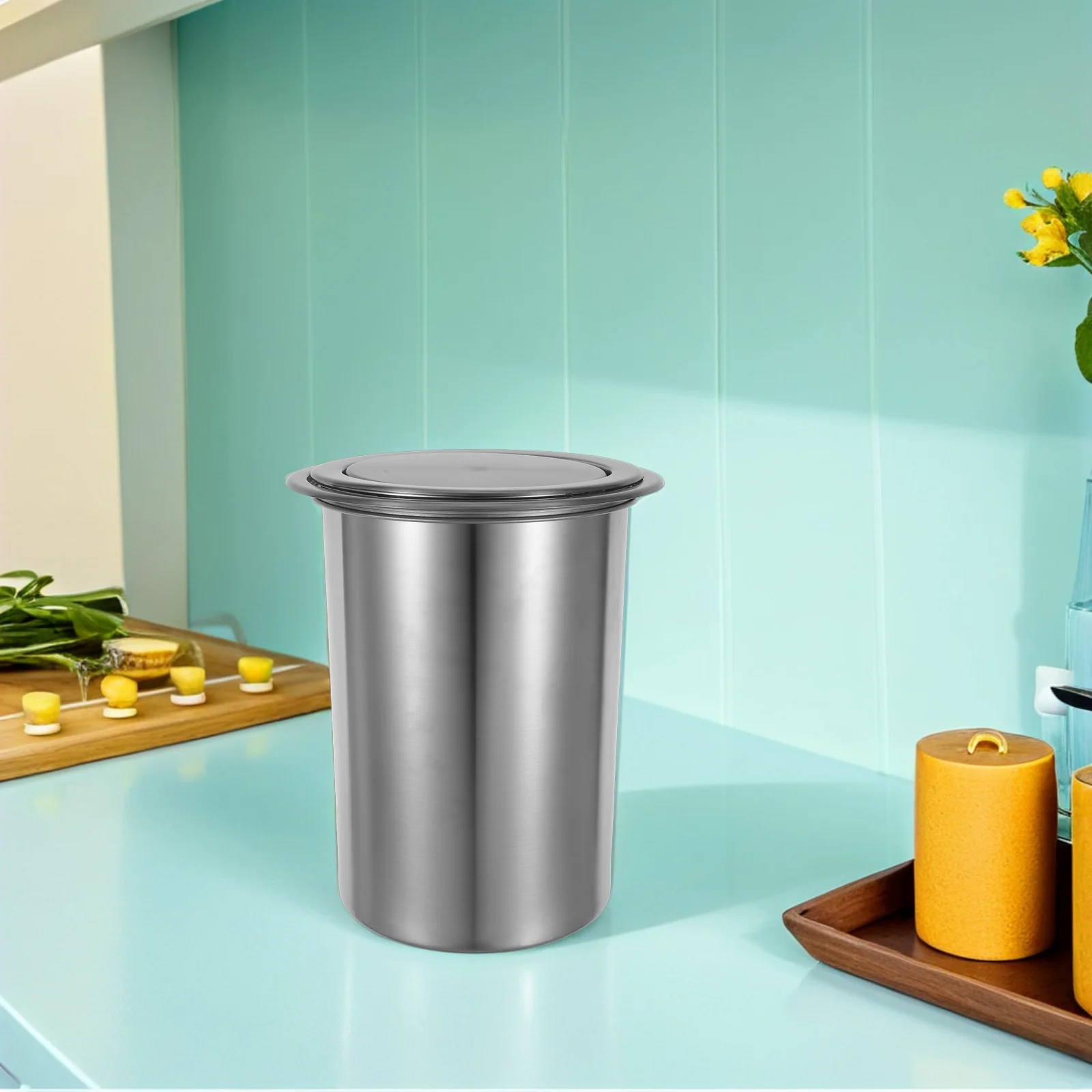 

1Set Kitchen Trash Can Stainless Steel Countertop Built-in Swing Lid Silent Flip Garbage Bin Embedded Design for Home Restaurant