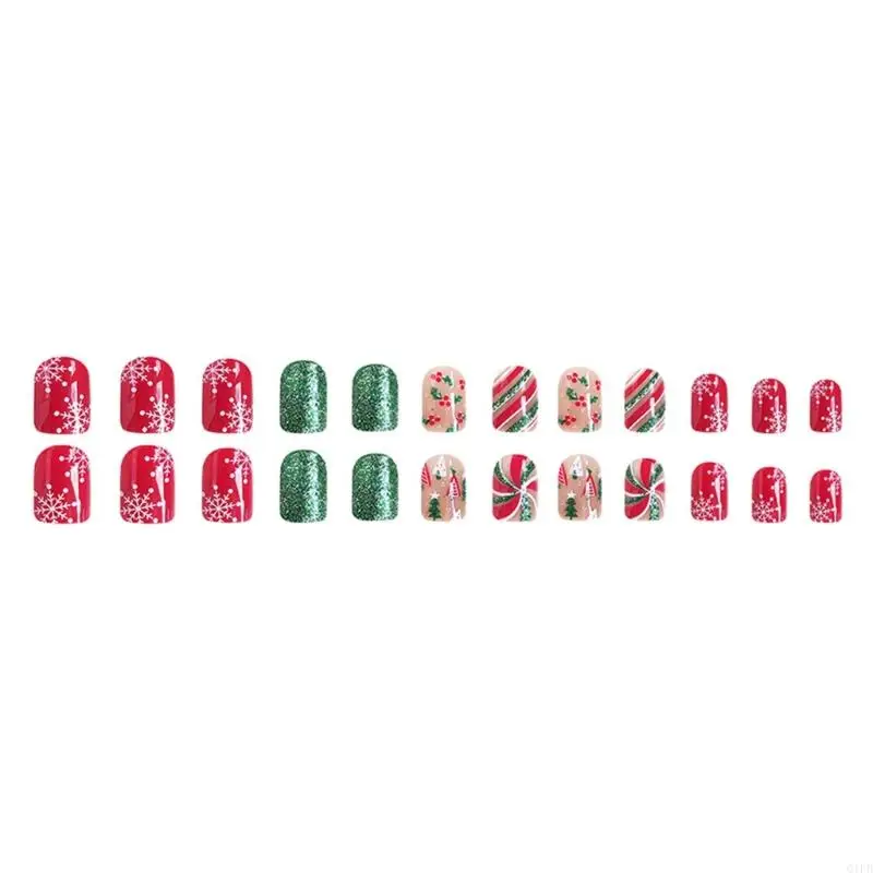 Q1FB Christmas Tree Press on Nails Glossy Green Glitters Stick on Nails Acrylic False Nails 24Pcs Short Square False Nail