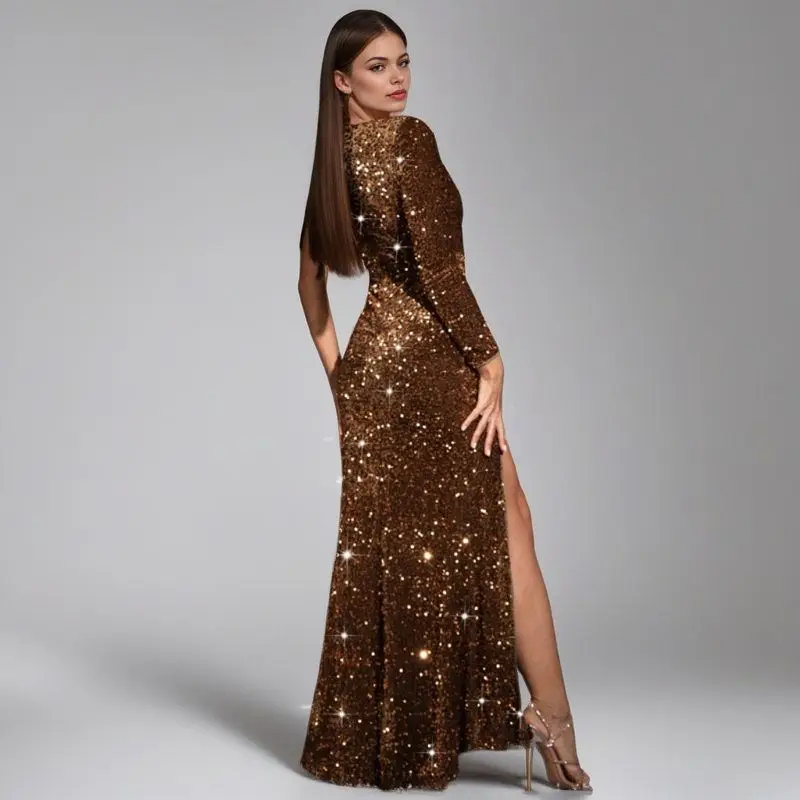 E vestido largo de noche con lentejuelas marrones, cintura alta, abertura lateral, vestido de cóctel, largo hasta el s...