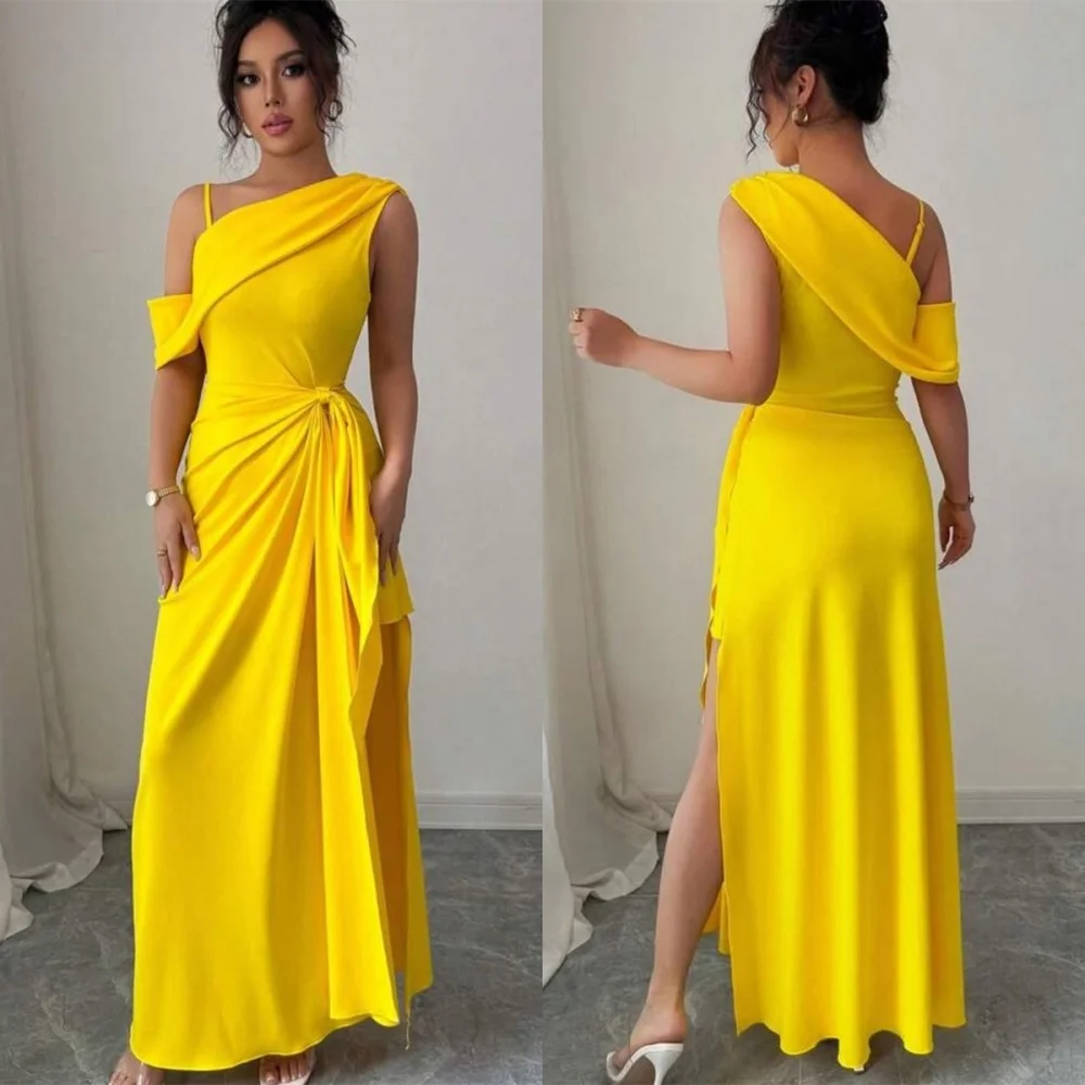 

Customized Exquisite Yellow Jersey Evening Dress High Quality One Shoulder Off the Shoulder Side Slit Special Occasion Gowns