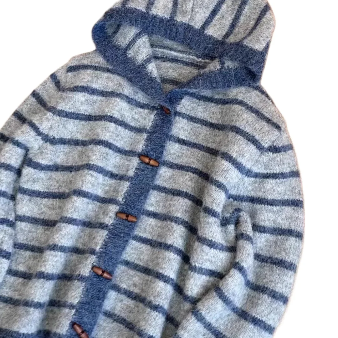 2026 New Temperament Elegant Simple Autumn and Winter Striped Color Matching Knitted Cardigan Loose and Thin Sweater Jacket