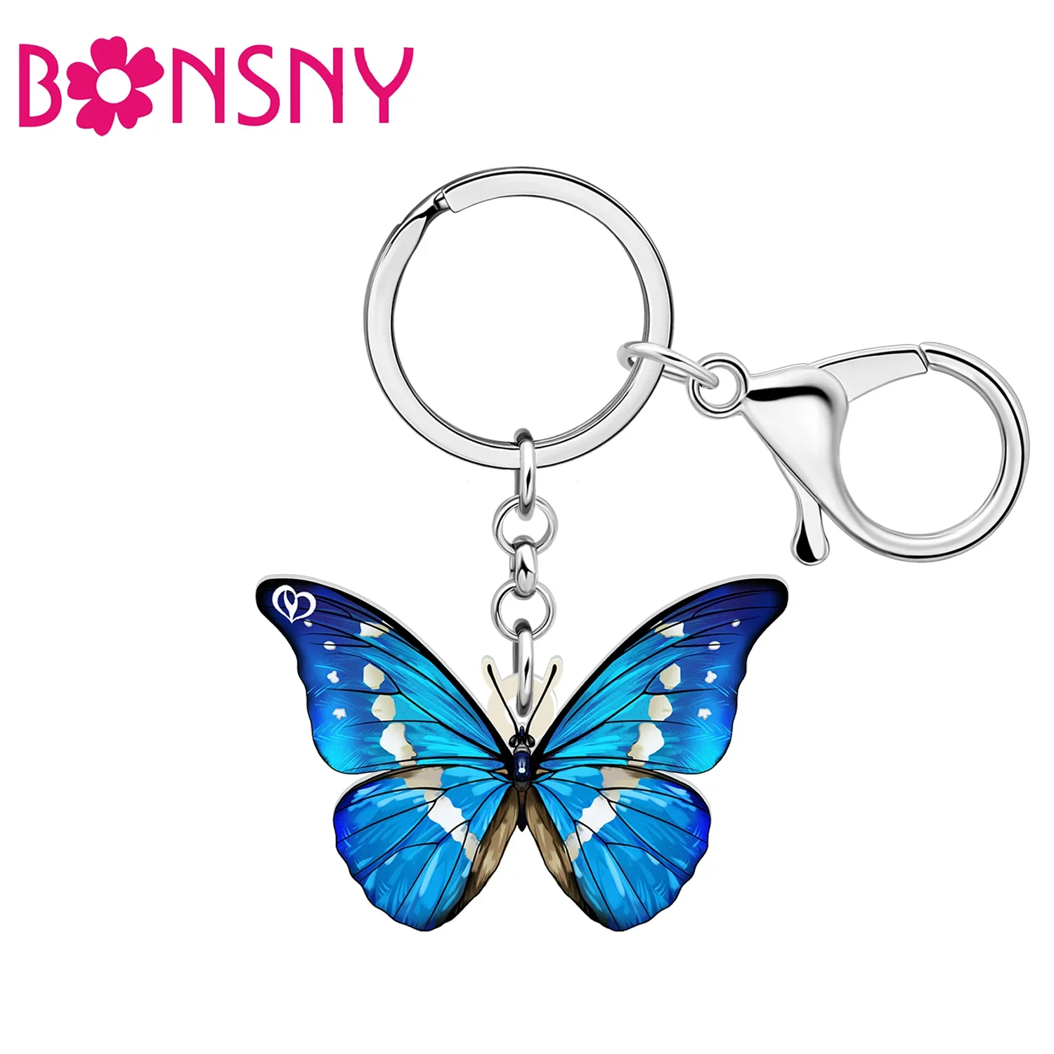 BONSNY Acrylic Blue Morpho Helena Butterfly Keychains Key Ring Handbag Purse Key Chain For Women Girls Charm Jewelry Gifts