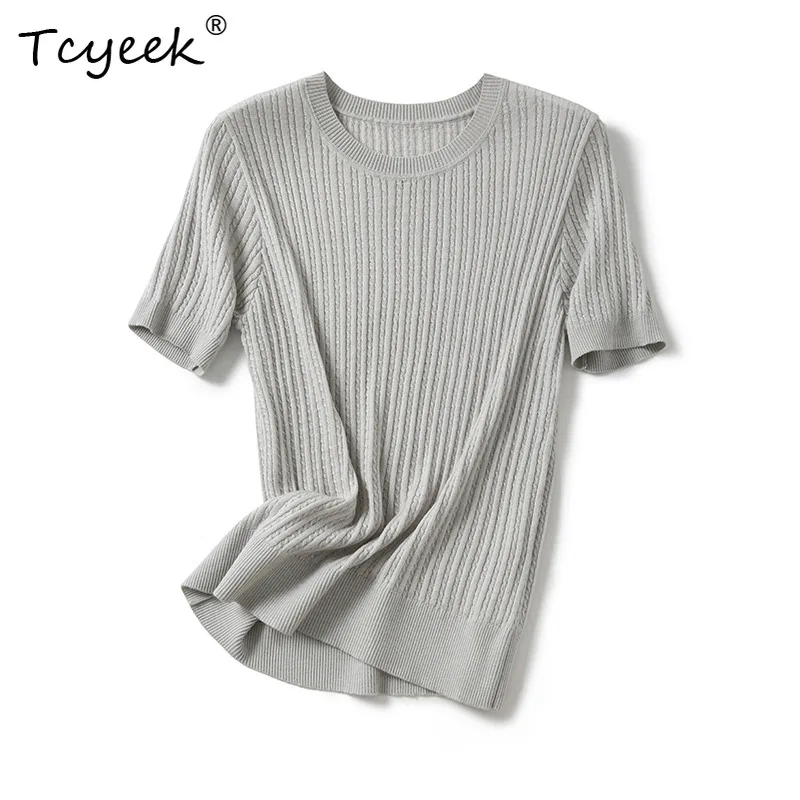 

Tcyeek, повседневная трикотажная футболка из шерсти 31,8% шерсти, женская футболка с круглым вырезом и коротким рукавом, элегантный дышащий тонкий топ, лето 2024, осень T48140QC