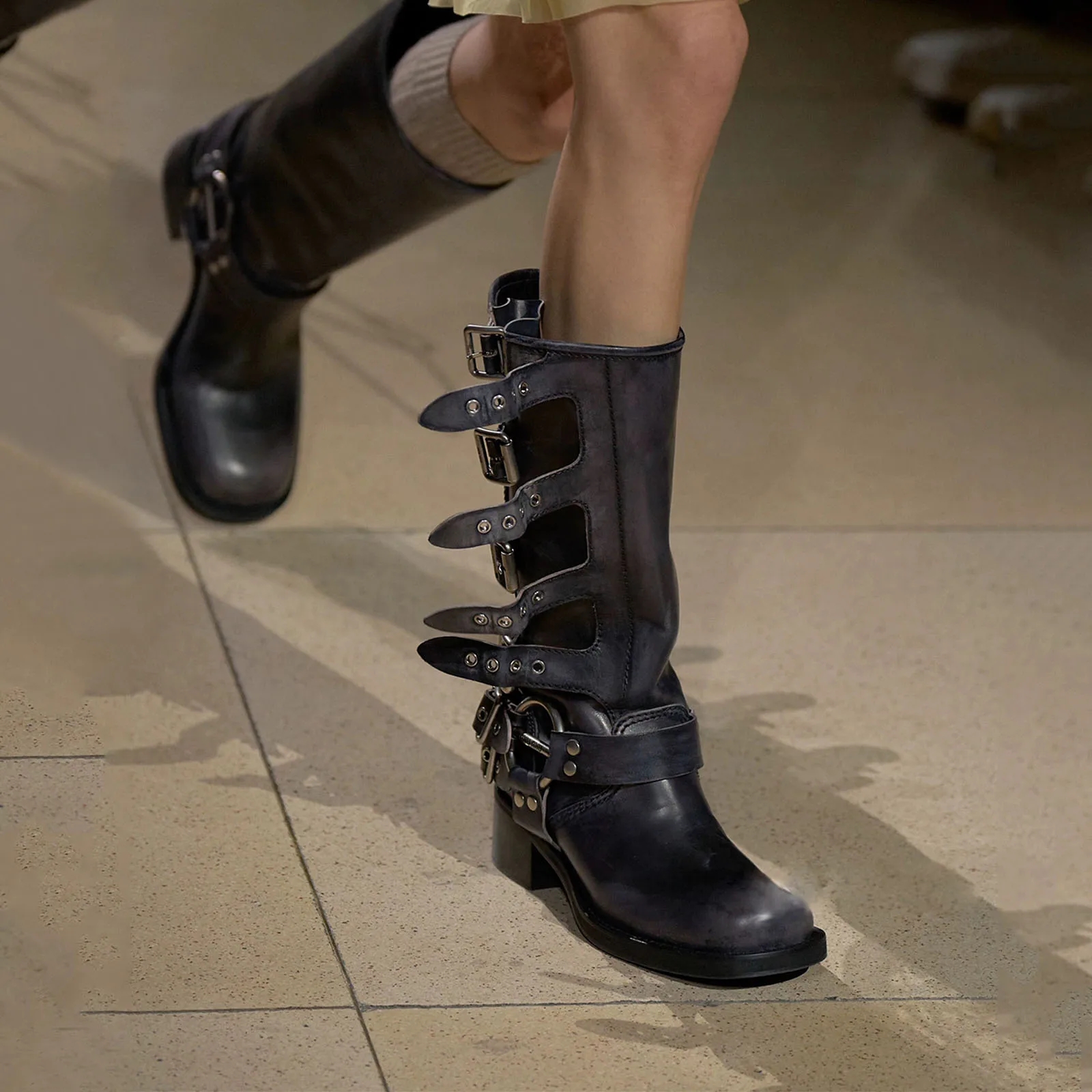 Arden Furtado 2025 Genuine Leather Platform Rivet Motorcycle boots Round toe Belt buckle Block heel mid wide calf Western boots image 6