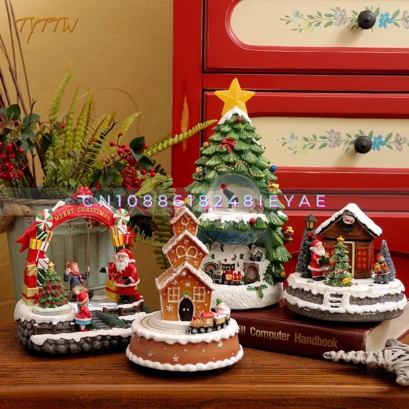 Christmas Decoration Luminous Rotating Biscuits Three-story House Train Music Box Ornaments Holiday Gift Window Ornaments