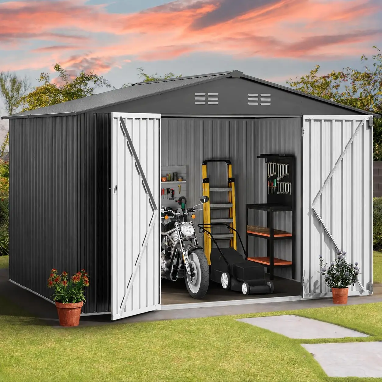 Dark Gray 10X8Ft Outdoor Storage Shed Large Metal Tool Sheds Heavy Duty Storage House Lockable Doors Air Vent Backyard Patio Law
