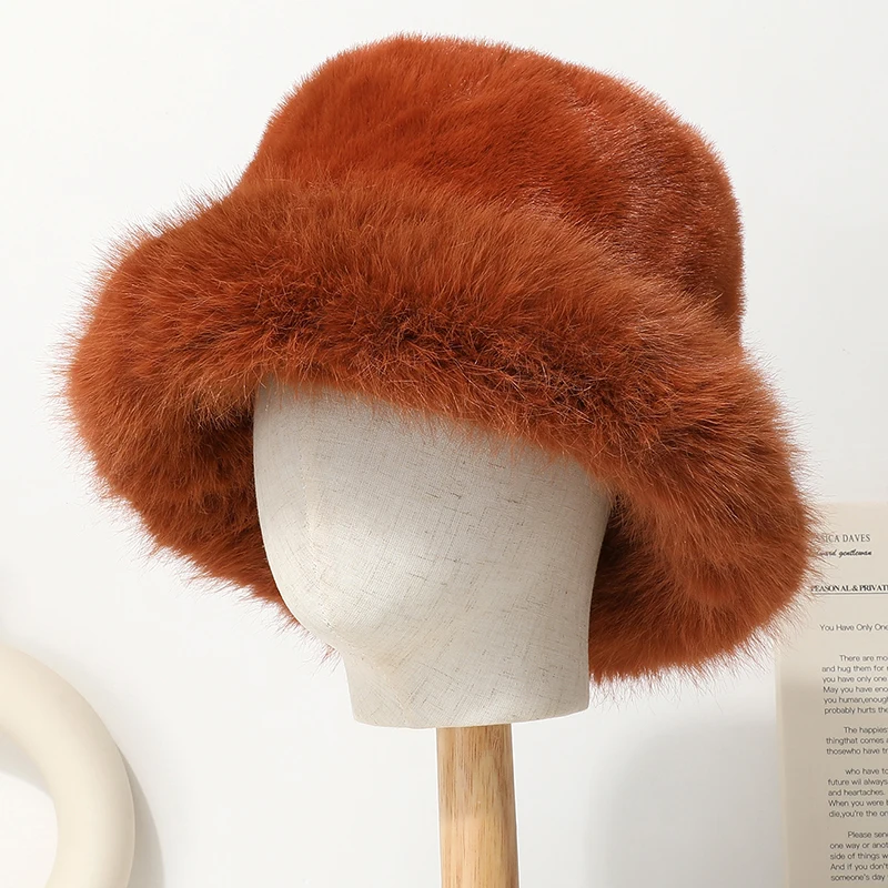 Große Faux Pelz Eimer Hut für Frauen Dicke Plüsch Warme Schöne Flauschigen Winter Hut Dame Luxus Mode Pelzigen Panama Fischer Kappe – Detail 22