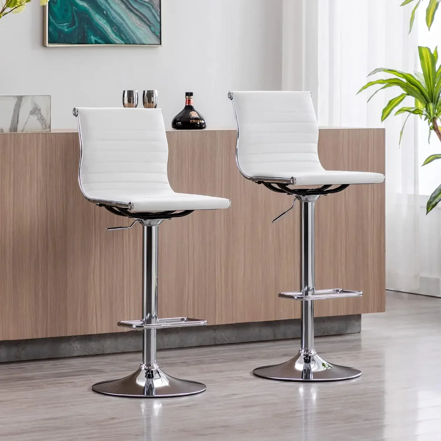 Metal Bar Stools Chairs Set of 4 Height Adjustable Barstools Modern White PU Leather Armless Counter Stool White 4PCS