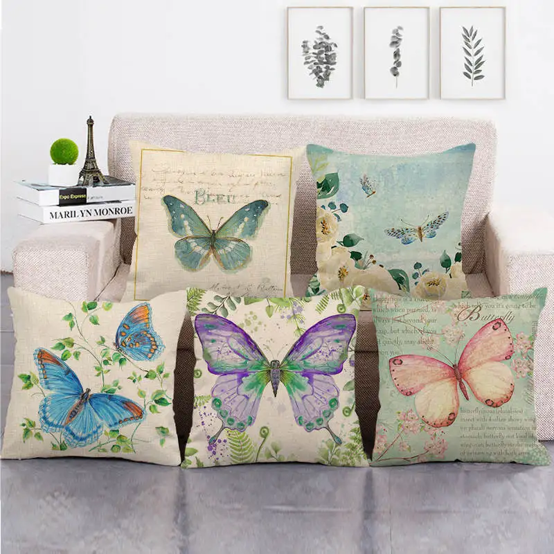 

Vintage Butterfly Pillow Case Farm Butterfly Linen Pillowcase 45x45 Cm Home Decor Sofa Pillow Cover Living Room Bedroom Garden