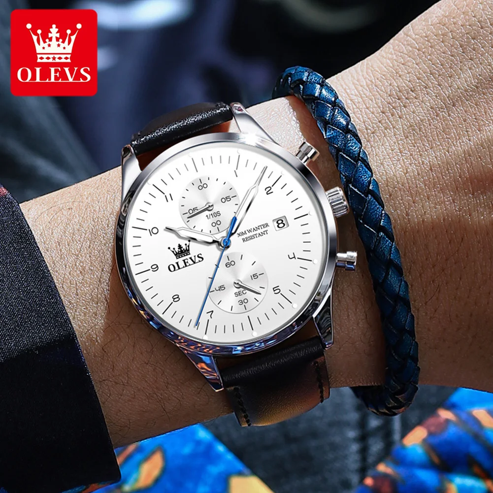 OLEVS Men\'s Watches Top Brand Original Quartz Watch for Man Waterproof Leather Strap Chronograph Date Luminous Fashion Trend