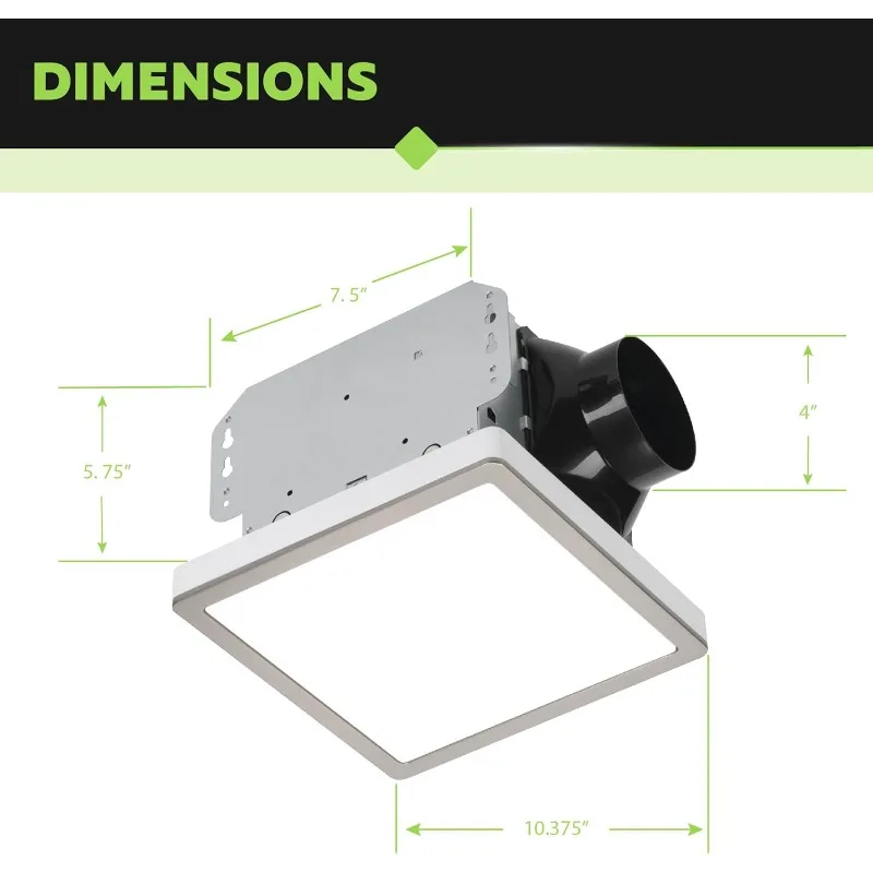 7105-12-BN مروحة حمام مع ضوء 100-CFM 2 Sones مروحة تهوية مربعة عكس الضوء LED ضوء وحلقة تقليم مغناطيسية Br