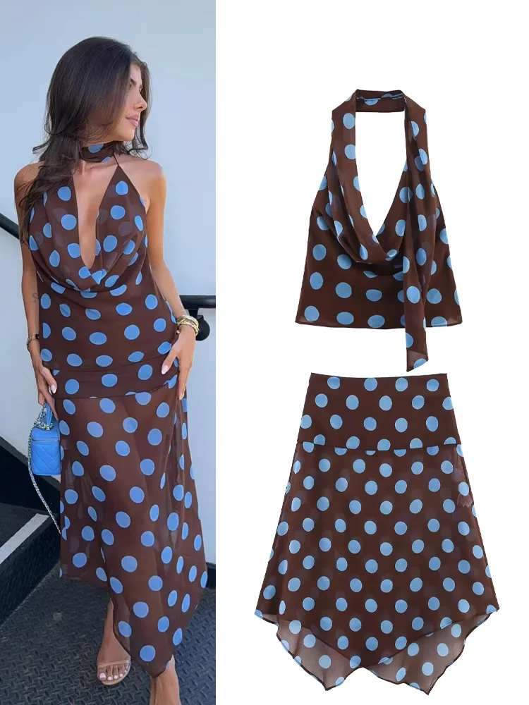 

HH женский летний новый плиссированный топ без рукавов с подвесным воротником + элегантный асимметричный трапециевидный костюм миди на молнии с волнистыми точками