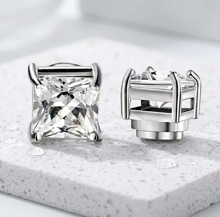 Princess Cut Cubic Zirconia Magnetic Stud Earrings, Silver Tone No-piercing Clip-on Ear Jewelry for Daily Wear