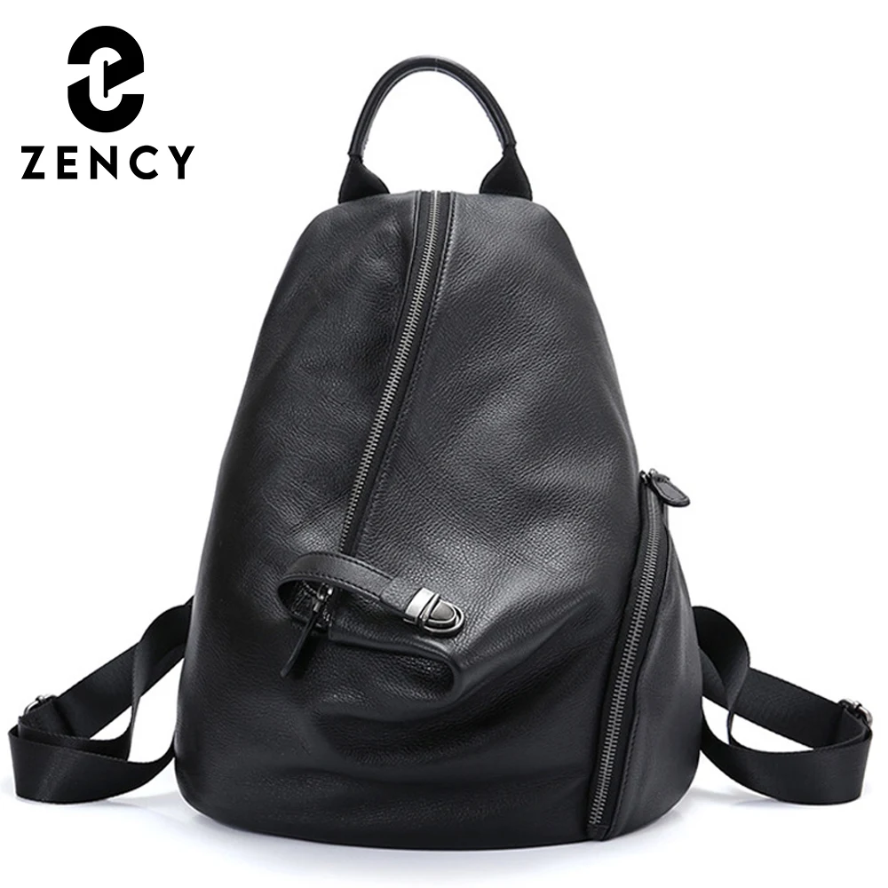 Zency Women\'s Genuine Leather Anti-theft Backpack Black Lady Knapsack High Quality Zipper Buckle Rusksack 2024 New Bag