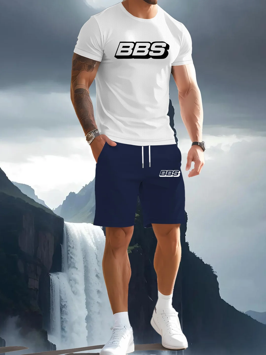 

Men's summer T-shirt two-piece set with high-definition pattern printing, fashionable casual short sleeved sportswear