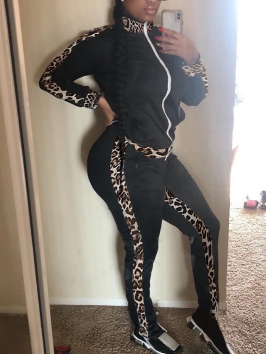 LW Plus Size Leopard Print Tracksuit Set Women Patchwork Zipper Design Mandarin Collar Long Sleeve Two Piece Pants Matching Set