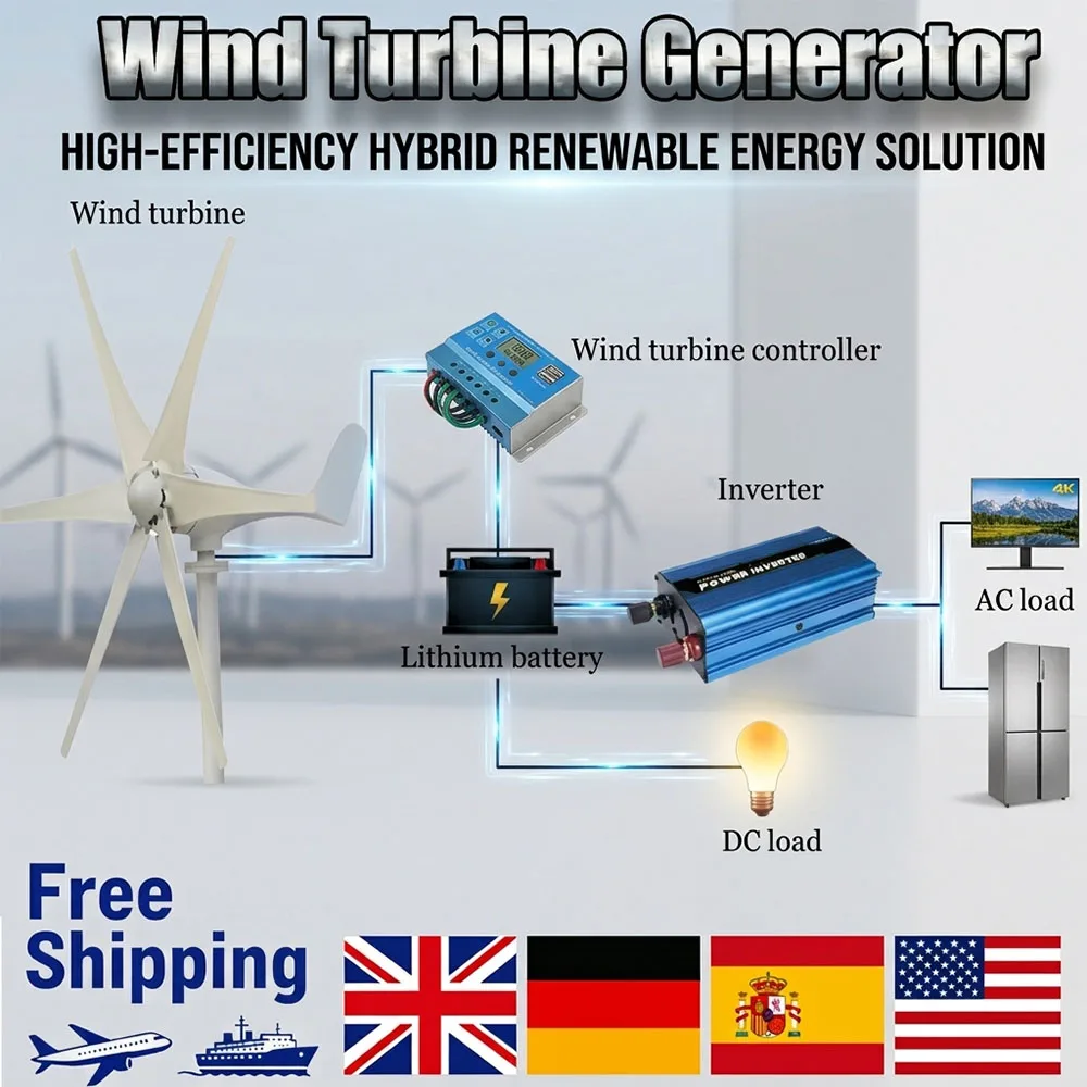 1000W 2000W 3000W Wind Turbine Generator 12V 24V 48V with Inverter and MPPT Charge Controller for Windmill Power System Home Use