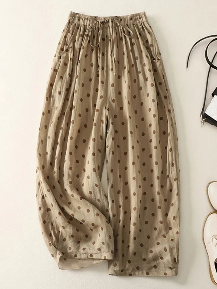 Sommer Casual Baumwolle Leinen Polka Dot Hosen frauen Elastische Taille Vielseitig Agel Breite Bein Hosen Dünne Neun Punkte Lose fit