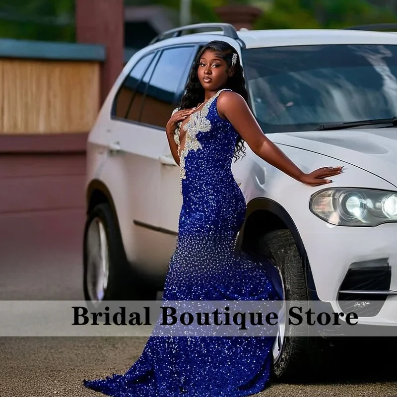 Stunning Blue Prom Dresses 2025 Luxury Mermaid Party Dress Long Crystal Sequined Elegant Celebrity Evening Gowns Customized