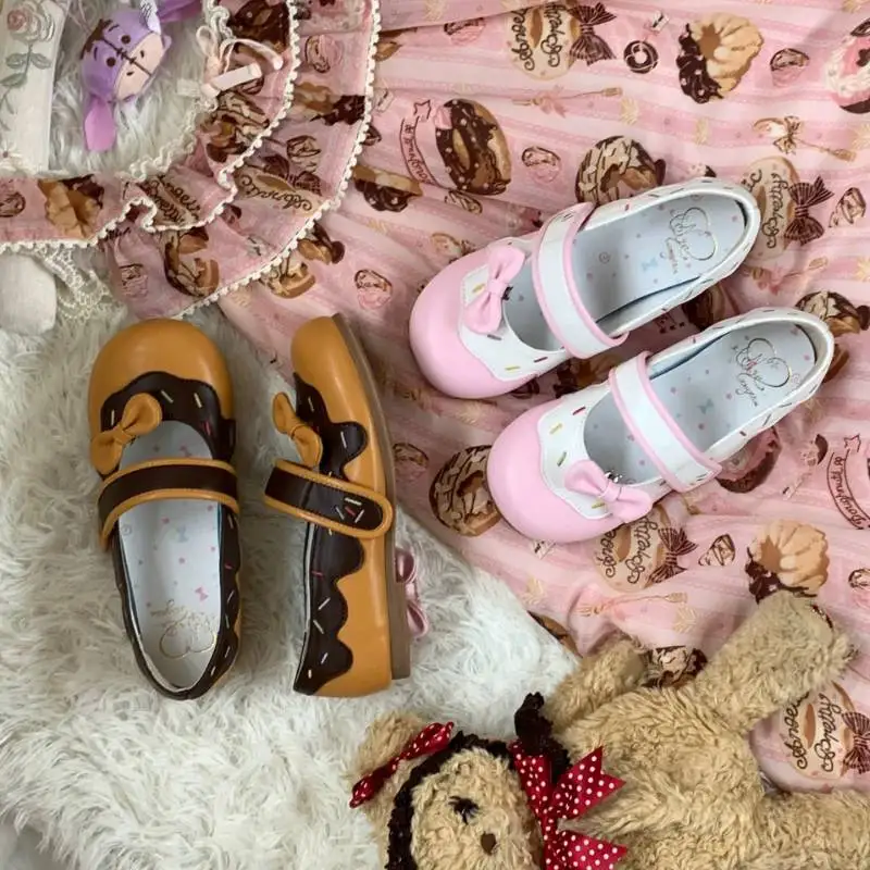 

women Kawaii Lolita Mary Jane Shoes Girls Sweet Bow Cartoon Bunny Socks Set Pink White Patent Leather Flat Shoes