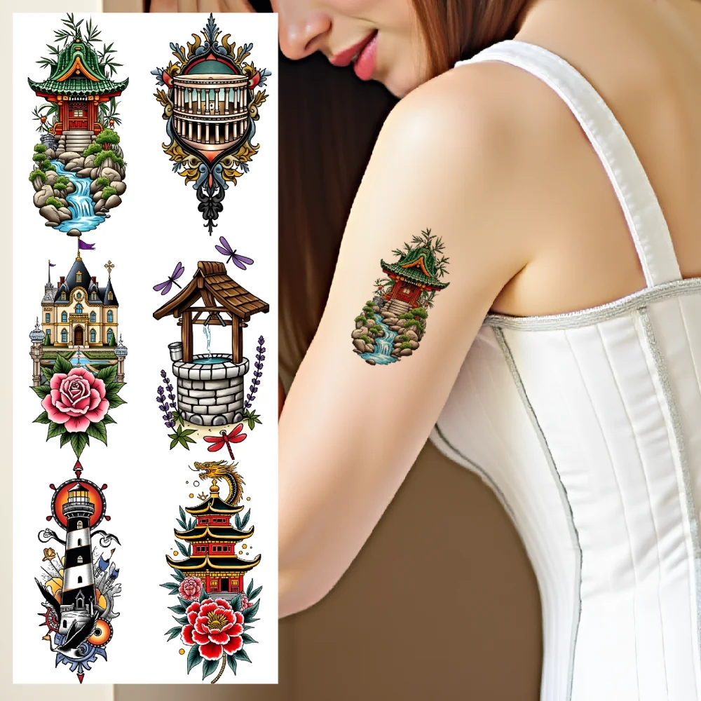 

9pcs Temporary Tattoo Lighthouse Temporary Tattoo Stickers Church Dragonfly New School Traditional Sphinx For Arms Women