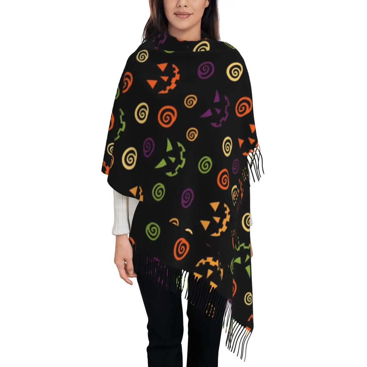 Womens Tassel Scarf Halloween Gothic Witch Bat Single-sided Pattern Winter Fall Shawl Wrap Daily Wear Cashmere Scarf