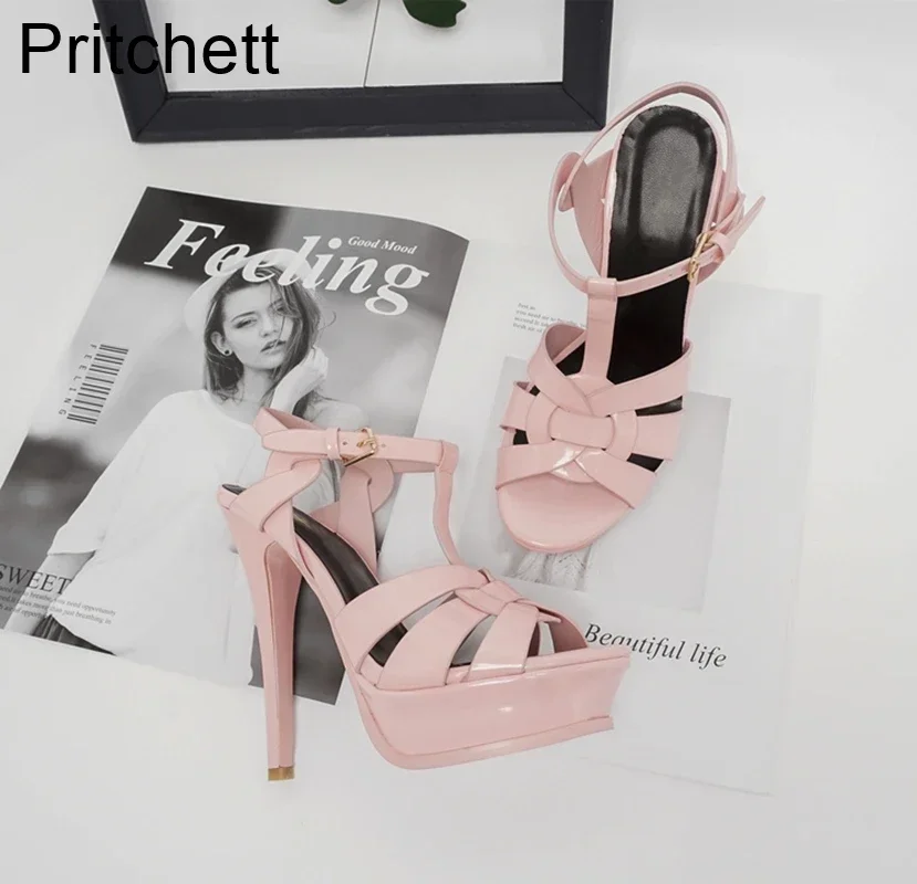 Black Leather Cowhide Super High-heel Fish Mouth Shoes Waterproof Platform Buckle Sandals Luxury Banquet Fashion Women's Shoes image 4