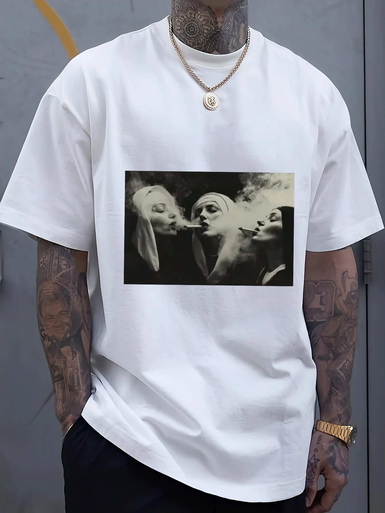 طباعة أمامية بتأثير دخاني، تي شيرت رجالي بأكمام قصيرة #1