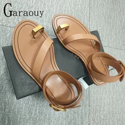 Garaouy Summer Genuine Leather Exposed Toe Ankle Strap Sandals For Women Metal Decoration Beach Flat Shoes Female Simple Casual